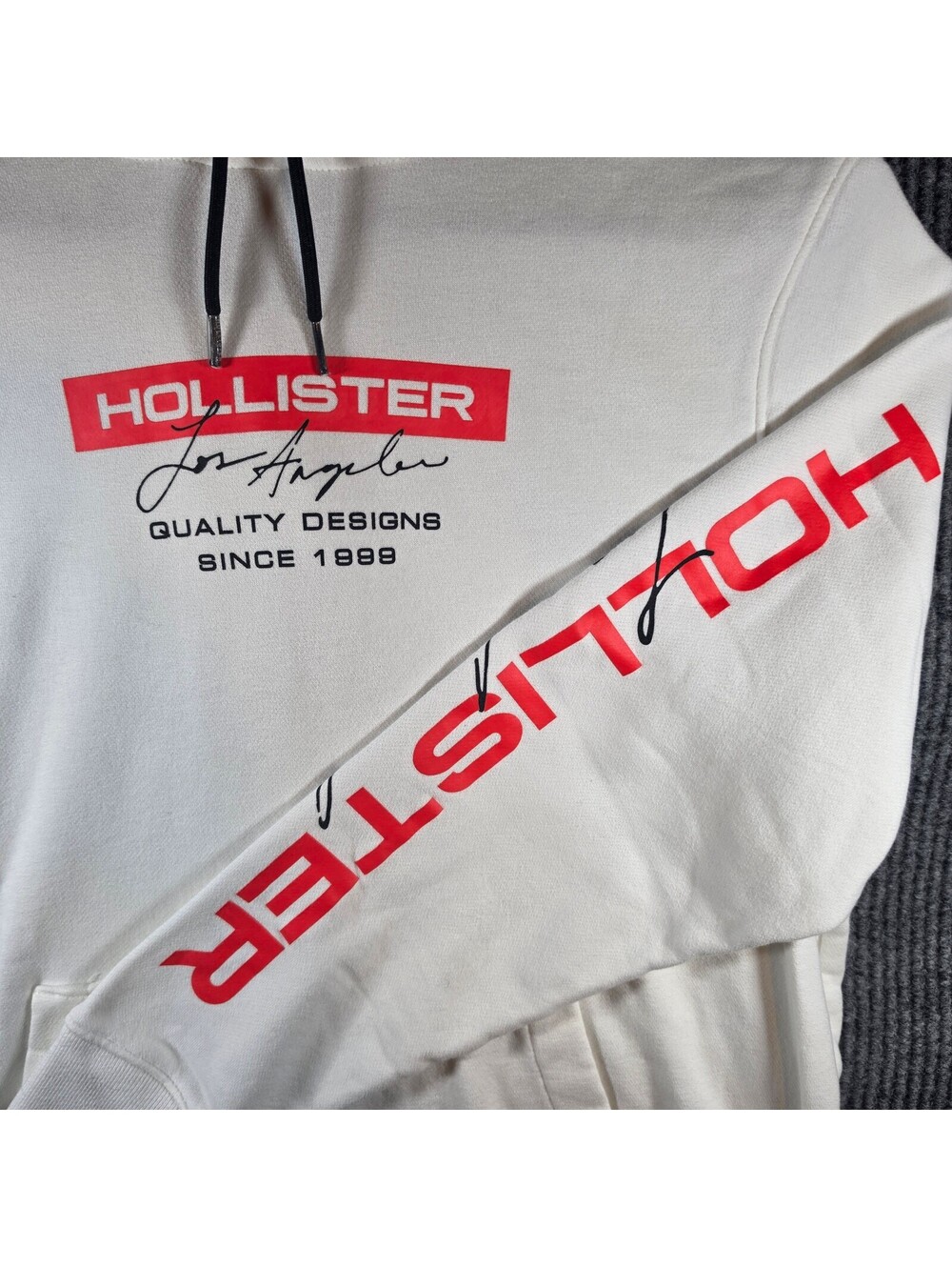 Hollister Large White Graphic Hoodie Logo Sleeve Pullover Sweatshirt